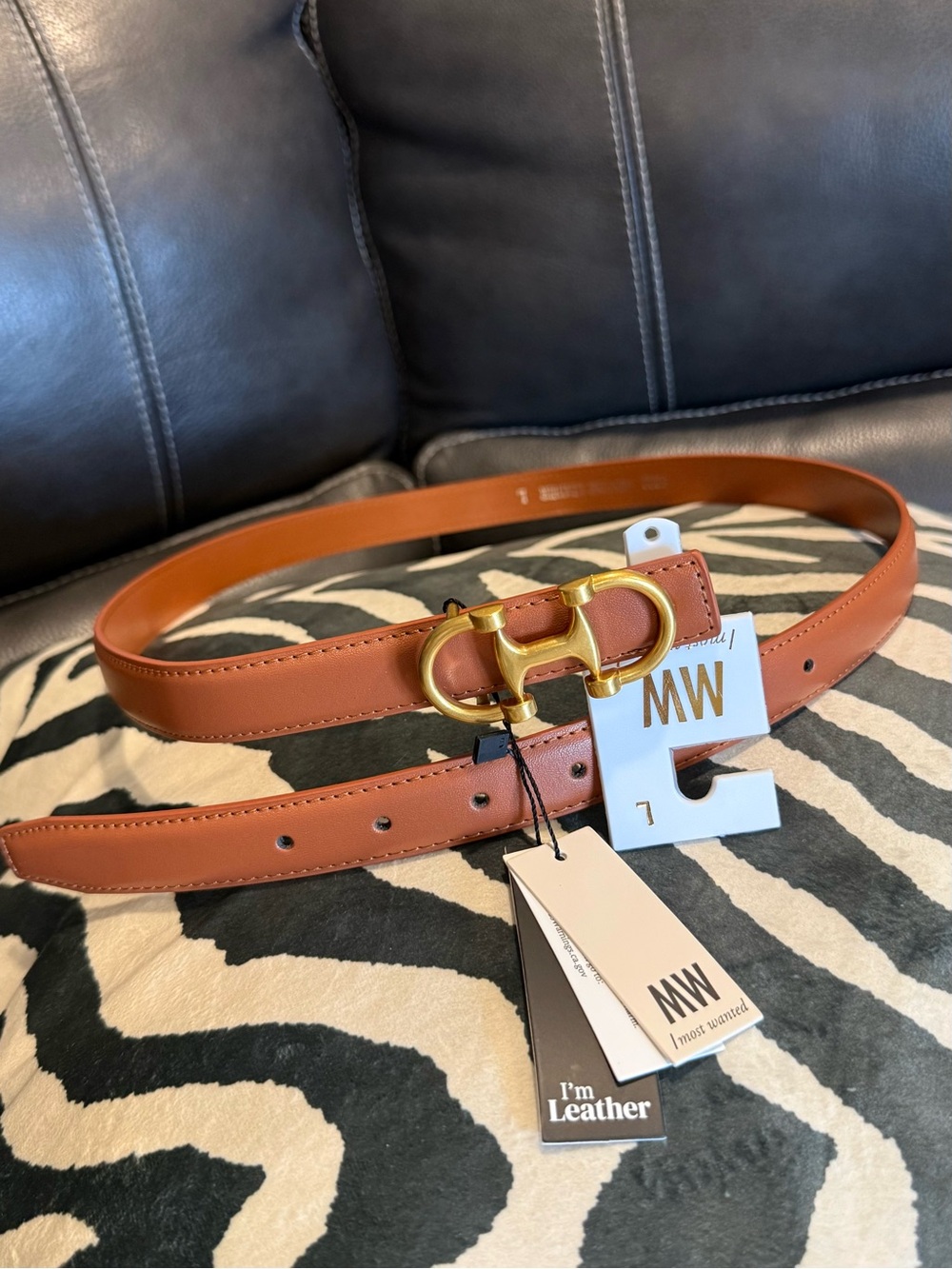 Wanted Cognac Leather Belt with Gold Double-Ring Buckle  L  🧲NWT🧲